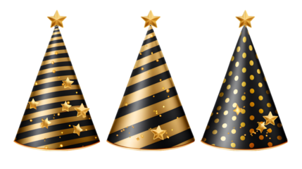 Party hats with gold and black stripes, dots and stars for birthday celebration. Vector realistic set of funny cone head caps with golden ribbons for holidays and festive. generative ai.
