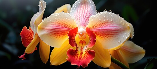 Colorful flower petals of the moon orchid bloom in a vibrant greenhouse display.