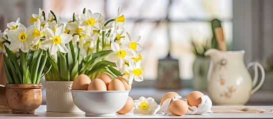 Easter-themed kitchen decor with eggs and daffodils.