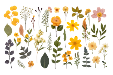 pressed flowers and leaves isolated on white background. generative ai.