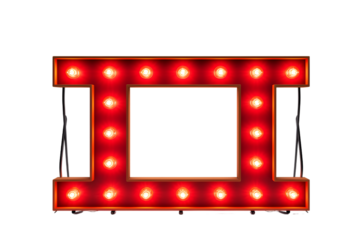 Red retro billboard lightbox or blank shining signboard with yellow glowing neon light bulbs 3D rendering. generative ai.