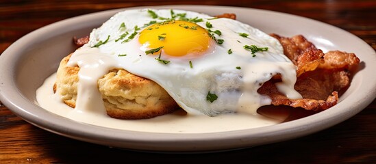 Classic American or French brunch favorite: Biscuits and white gravy, with homemade sausage gravy, fried eggs, and crispy bacon.