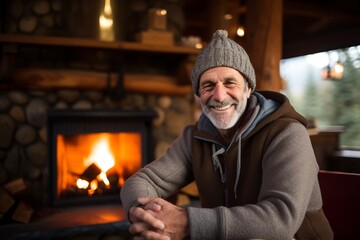 Portrait of a senior man sitting in front of fireplace at home