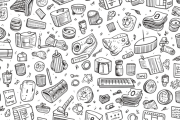 Seamless pattern on the theme of money and finance in a simple black and white doodle style isolated on white background. generative ai.