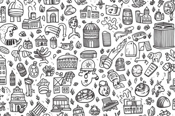 Seamless pattern on the theme of money and finance in a simple black and white doodle style...