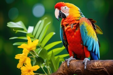 Obraz premium Highlight the curiosity and charm of a colorful parrot perched amidst tropical foliage