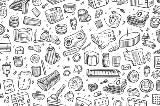 Seamless pattern on the theme of money and finance in a simple black and white doodle style isolated on white background. generative ai. - Powered by Adobe