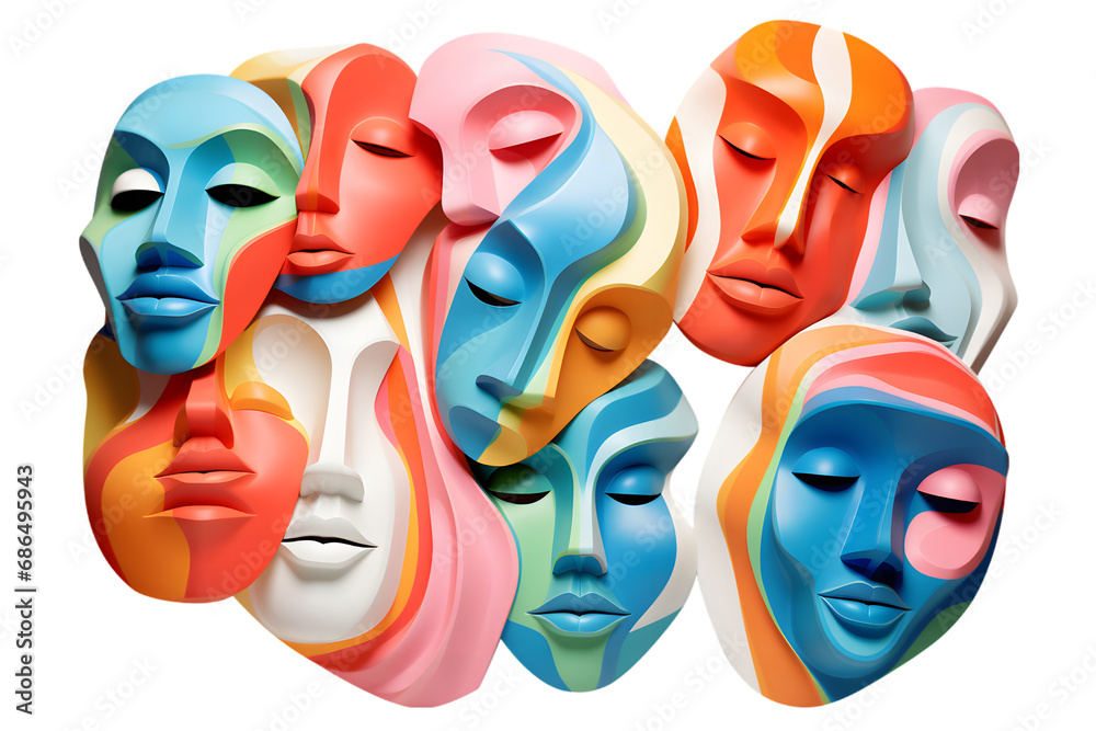 Wall mural set of abstract colorful faces, 3d render. generative ai.