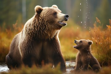 Illustrate the tenderness between a mother bear and her playful cubs