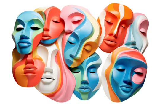 Set of abstract colorful faces, 3d render. generative ai.