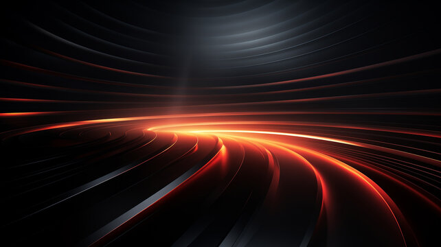 stromlinenf&ouml;rmige verlaufende abstrakte Licht Strecken in den Farben orange, rot und gelb auf schwarzem Hintergrund. Querformat 16:9. Generative Ai
