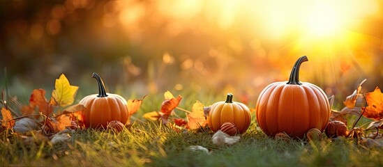 Autumn sunset scene with small pumpkins and leaves on grass - Thanksgiving ambiance