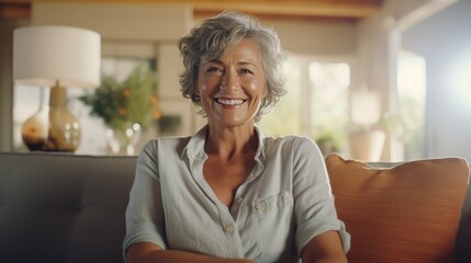 Fototapeta na wymiar Smiling middle aged woman sitting on sofa at home, single mature senior in living room analog film photograph