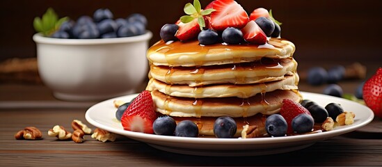 Breakfast pancakes with a mix of blueberries, strawberries, honey, and nuts. - obrazy, fototapety, plakaty