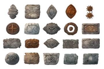 Set of realistic stone buttons and panels, with runes on them. generative ai.