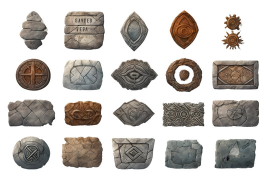 Set of realistic stone buttons and panels, with runes on them. generative ai.