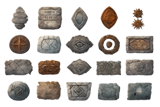 Set of realistic stone buttons and panels, with runes on them. generative ai.