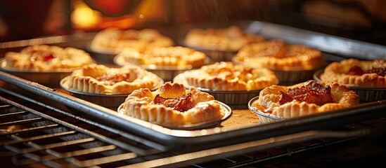 Close-up of pies baking on a homemade baking sheet.