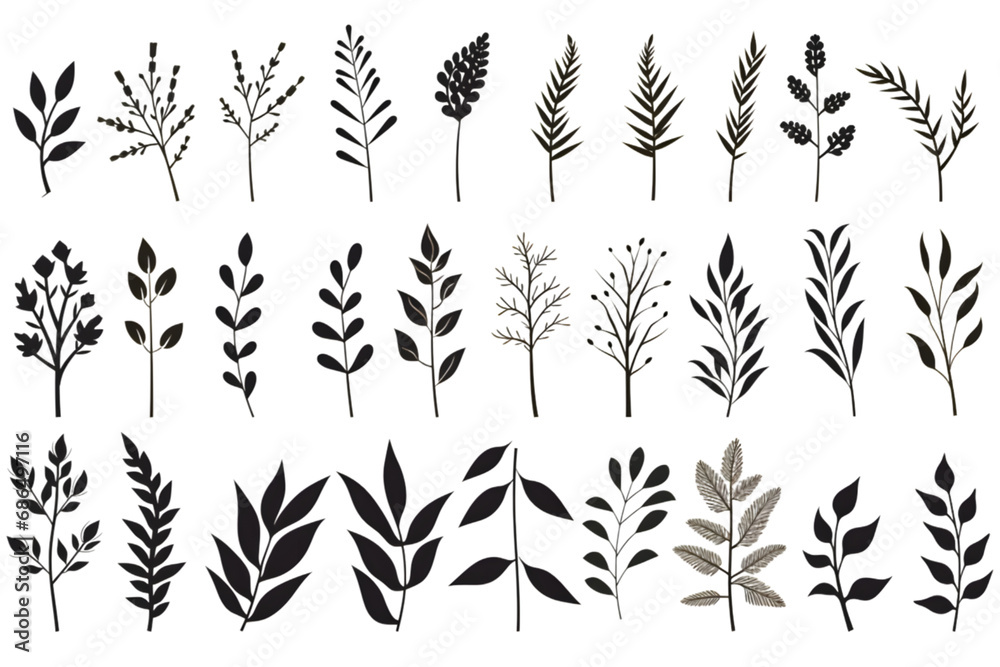 Wall mural set of silhouettes of branches and leaves. hand drawn vector botanical elements. generative ai.