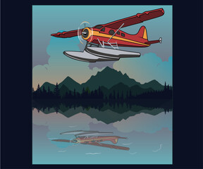 sea plane on mountain lake vector illustration, mountain lake adventure, Colorado travel artwork for t shirt, sticker, graphic print, luxury trip vector, family trip 