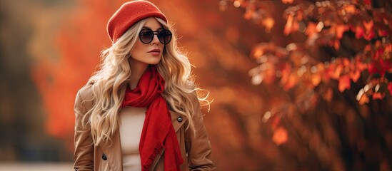 Fashionable woman wearing autumn outfit, walking outdoors.