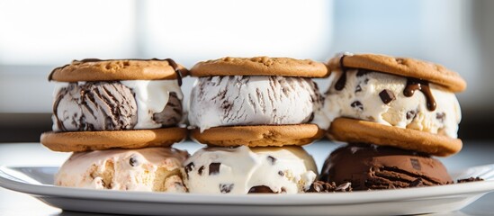 Ice cream cookie sandwiches with focused cookies and blurred background.