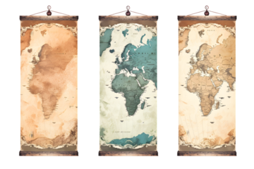 set of three vertical banners based on torn antique maps. generative ai.