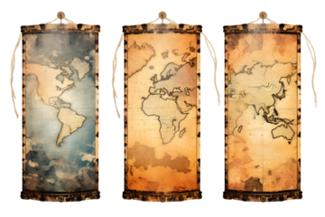 set of three vertical banners based on torn antique maps. generative ai.