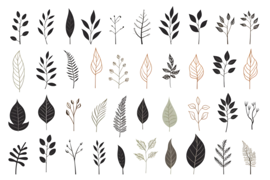 Set of silhouettes of branches and leaves. Hand drawn vector botanical elements. generative ai.