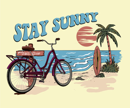 cycle on summer surfing beach vector illustration, retro vintage palm beach design for t shirt, sticker, poster, graphic print, stay sunny, summer typography artwork