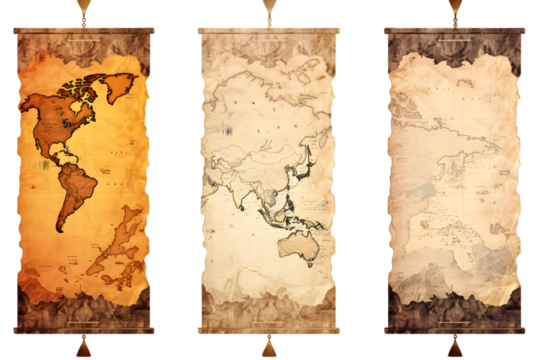 set of three vertical banners based on torn antique maps. generative ai.