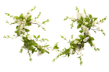 Spring twigs of spirea with small green leaves, flowers and buds in a floral arch arrangement isolated on white background. generative ai.