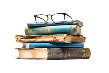 stack of old antique books with retro eyeglasses. generative ai.
