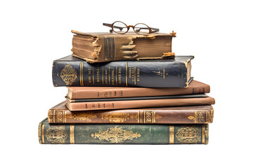 stack of old antique books with retro eyeglasses. generative ai.