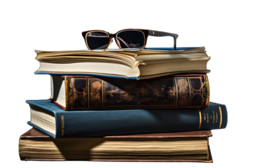 stack of old antique books with retro eyeglasses. generative ai.