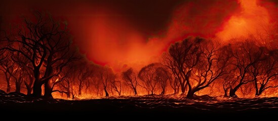 Flaming trees in a forest fire being driven by wind.