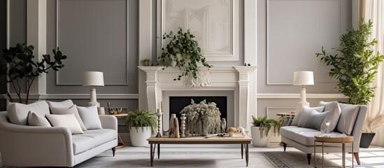 Gray stucco molding white fireplace bright furniture living plants high windows abundance of natural light in the hall s interior - obrazy, fototapety, plakaty