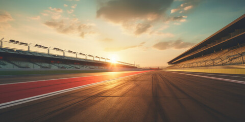 Fototapeta na wymiar F1 race track circuit road with motion blur and grandstand stadium for Formula One racing