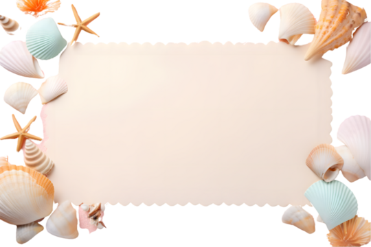 Summer time concept with blank greeting card and blank craft paper on colored background. Seashells from ocean shore in the shape of frame separated. generative ai.
