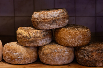 Wheels of aged,  Italian pecorino sheep's milk cheese