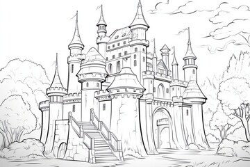 A coloring book page of a fairy tale castle