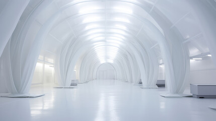 Futuristic white arches inside spacious gallery with reflective floor. Minimalism and architecture concept. Generative AI