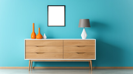 Modern home interior, blue wall and wooden details. Creative empty mockup poster. Generative AI
