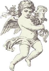 Cute angel. Cupid is the god of love. Engraving style.