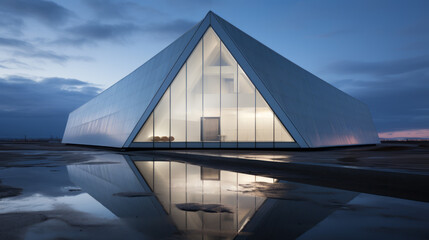 Fototapeta premium Modern architecture with reflective glass and water feature at dusk. Cubism influence. Generative AI