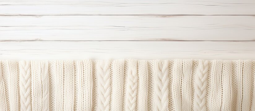 Cream-colored knitted wool blanket, photographed from above on a white wooden background, with blank space.