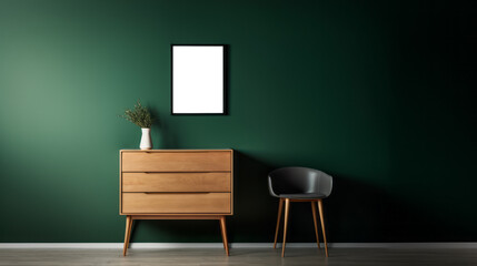 Elegant green interior with a wooden chest and framed blank white poster, complemented by lush drapery. Generative AI