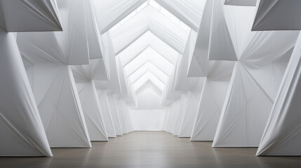 Innovative gallery space with angular white fabric sculptures and a bright skylight. Creative architecture concept. Generative AI