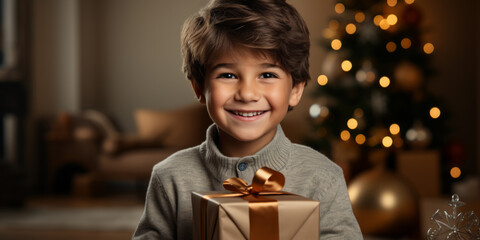 Joyful boy in grey sweater with golden ribboned gift, festive tree lights. Generative AI