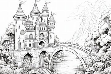 A coloring book page of a fairy tale castle